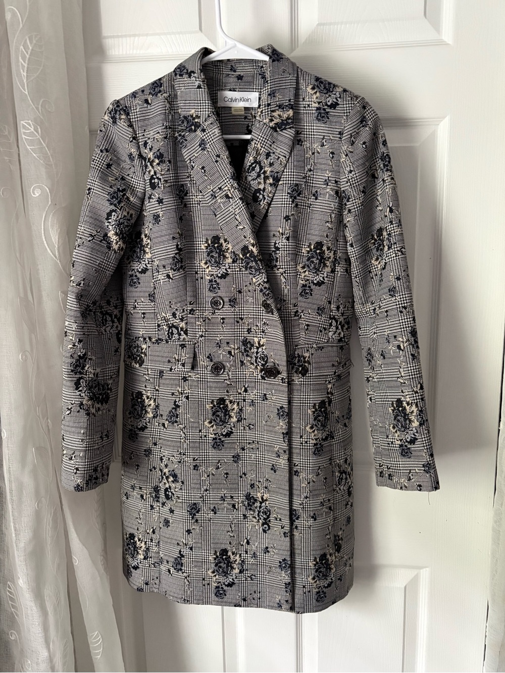Calvin Klein double-breasted long blazer trench jacket floral print women sz 4 p
